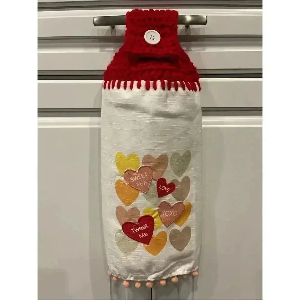 Crochet Top Kitchen Towel- Candy Hearts